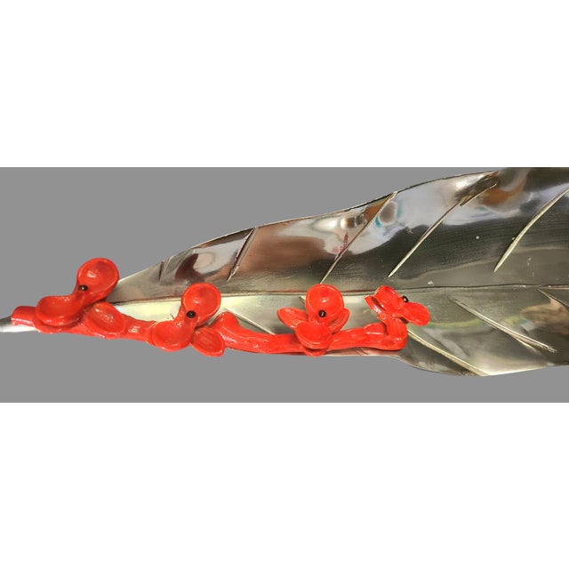 Red Late 20th Century Metal Leaf Shaped Enamel Red Flowers Decorative Centerpiece Tray For Sale - Image 8 of 10