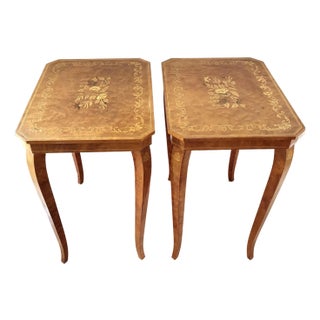 Italian Burlwood Marquetry Side Table Pair For Sale