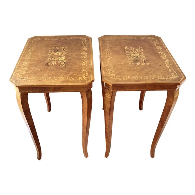 Italian Burlwood Marquetry Side Table Pair For Sale