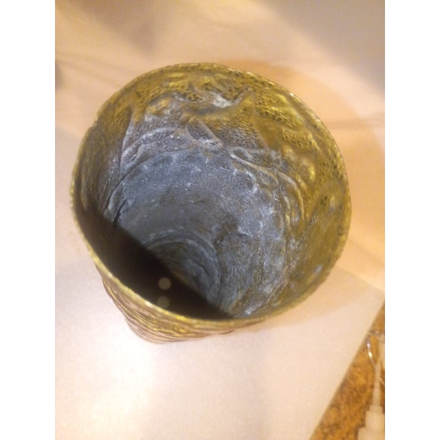 Antique Wwi 1917 French 75mm Brass Trench Art Shell - Hand-Hammered Dragon Relief For Sale - Image 4 of 8