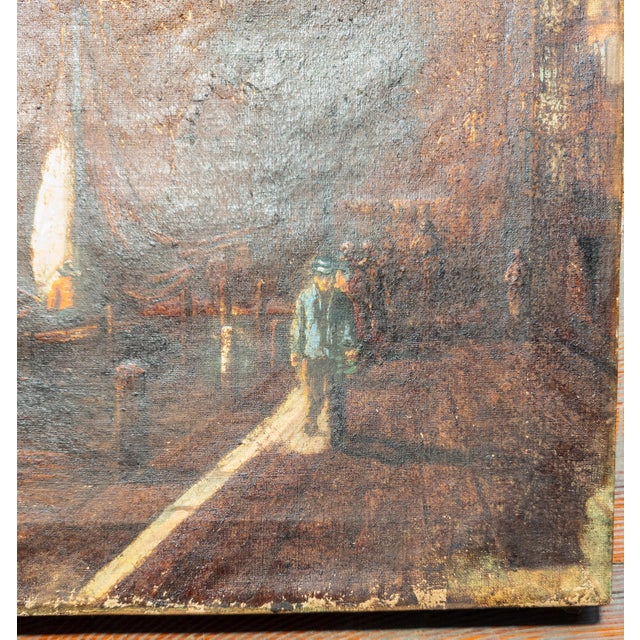 Early 20th Century Distressed Harbor Scene Painting With Figure For Sale - Image 4 of 12