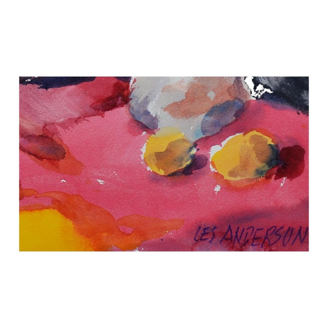 Abstract Vintage Floral Still Life with Red Table Watercolor Painting by Les Anderson For Sale - Image 3 of 4
