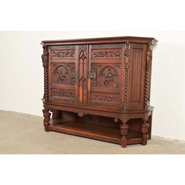 Gothic Antique French Gothic Revival Oak Bar Cabinet With Carved Figures, Circa 1890s For Sale - Image 3 of 14