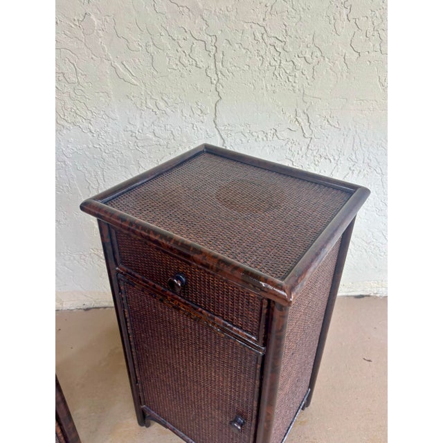 Pair Vintage British Colonial Faux Burnt Bamboo & Cane Nightstands For Sale In Miami - Image 6 of 12