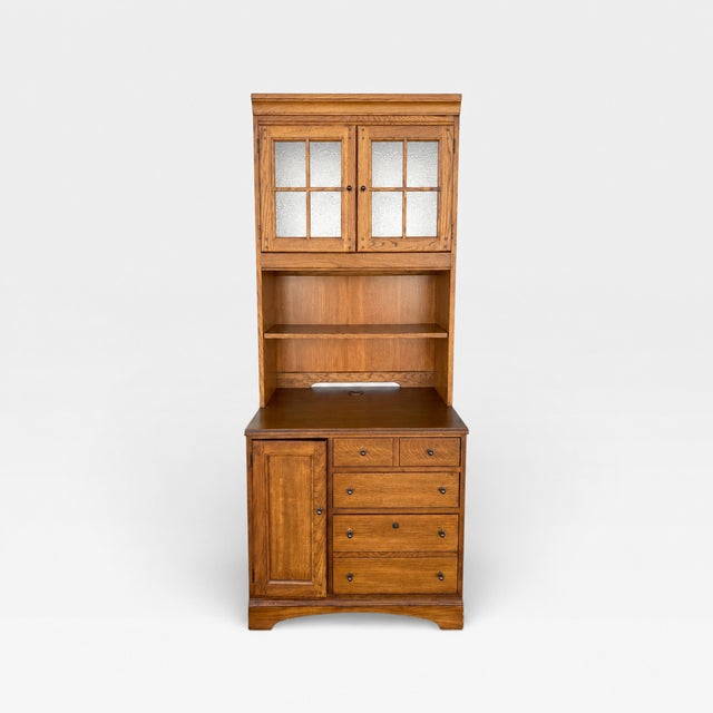 Brown 1990s Pair of Cottage Style Oak Hutch Cabinets With Glass Doors For Sale - Image 8 of 18