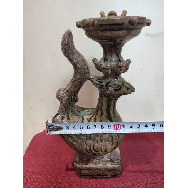 Ceramic Chinese Ceramic Oil Lamp Hand Carved Yue Ware Celadon Phoenix Statue Oil Lamp For Sale - Image 7 of 11