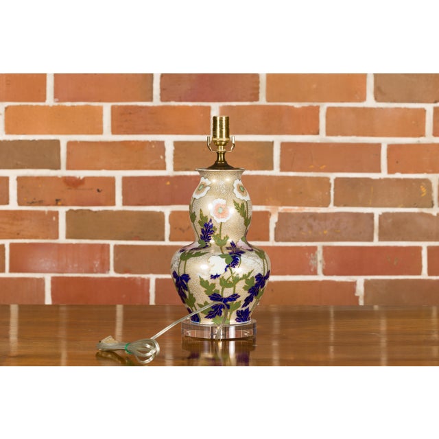 Blue Mid 20th Century French Porcelain Bulbous Table Lamp with Floral Décor on Lucite Base For Sale - Image 8 of 12