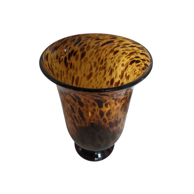 Brown Vintage Hand Blown Tortoiseshell Glass Hurricane Vase For Sale - Image 8 of 11