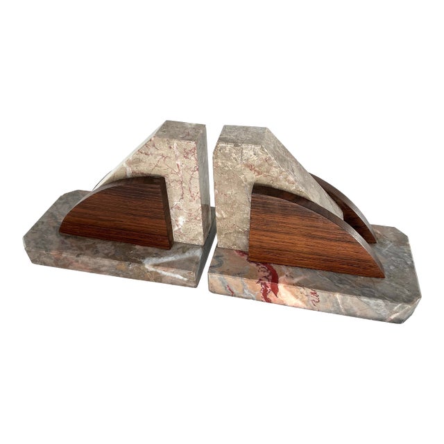 Pair of Antique Art Deco French Marble and Rosewood Bookends For Sale