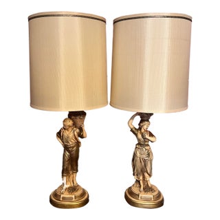 Vintage Figural Lamps, Young Man and Young Woman Carrying Fruit Baskets - a Pair For Sale