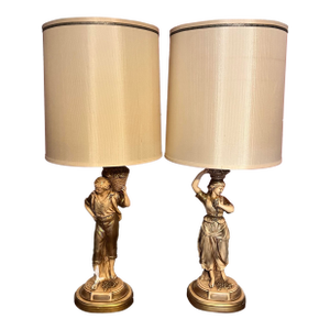 Vintage Figural Lamps, Young Man and Young Woman Carrying Fruit Baskets - a Pair