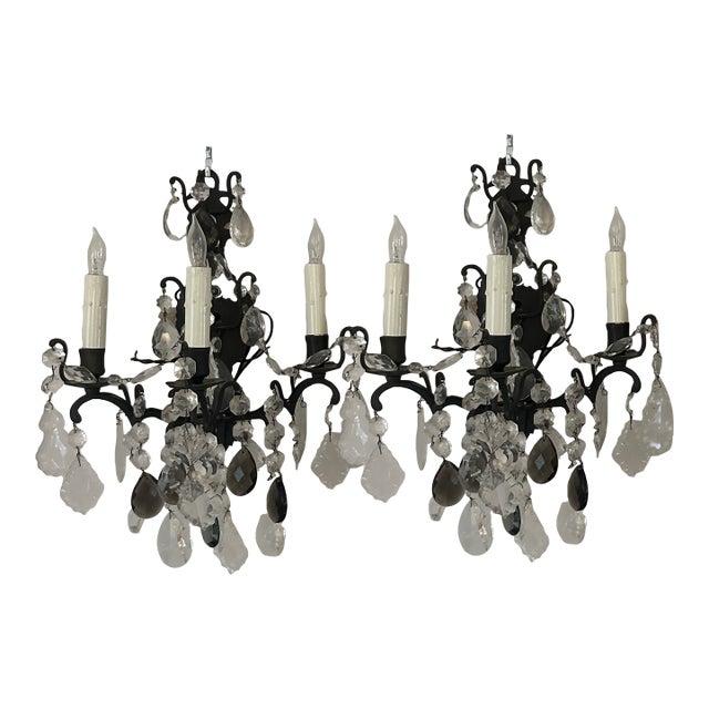 Pair Late 19th Century Iron and Crystal Rocco Style Sconces For Sale