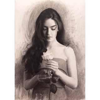 Girl with Flower by Bunyod Suvonov | Charcoal on paper of a woman holding a flower. For Sale