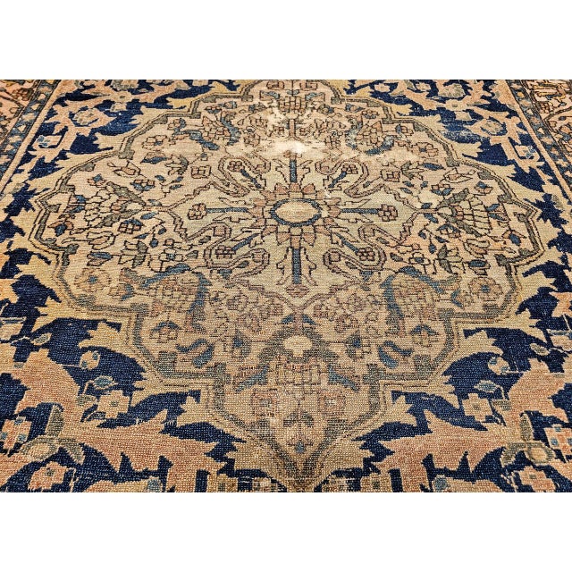 19th Century Persian Farahan Sarouk Rug, Hand-Knotted Wool, Floral Medallion Pattern, Ivory & Navy, 5x6 For Sale - Image 18 of 18