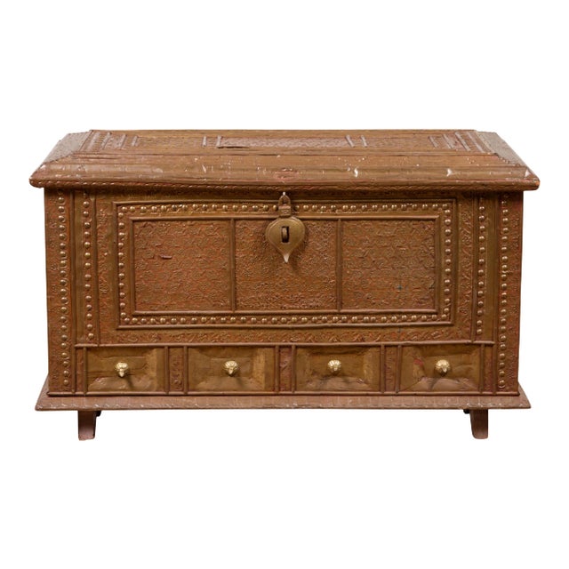 Antique Indian Blanket Chest with Bronze Sheathing, Geometric Patterns and Studs For Sale