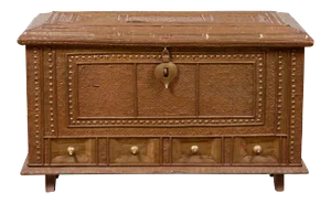 Antique Indian Blanket Chest with Bronze Sheathing, Geometric Patterns and Studs
