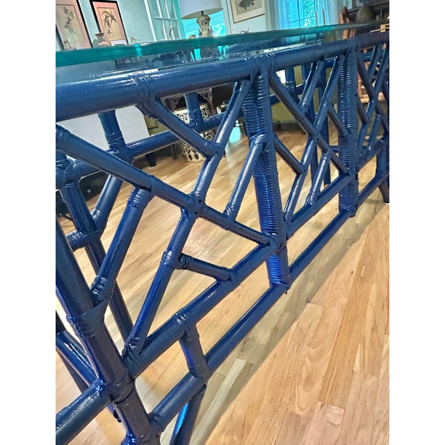 1970’s Custom Chinoiserie Bamboo and Rattan Console Table With Glass Top For Sale In New Orleans - Image 6 of 12