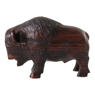 Vintage Hand Carved Iron Wood American Buffalo / Bison Sculpture For Sale