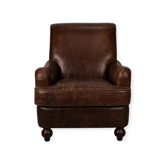 Lazzaro Brown Leather Club Chair With Nailhead Trim and Turned Wood Legs For Sale In Tampa - Image 6 of 10