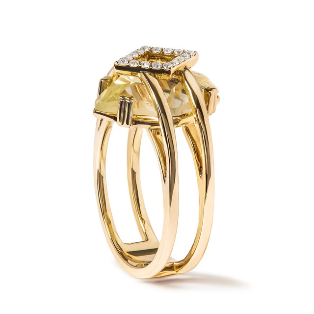 Contemporary 14K Yellow Gold 15x15 MM Marquise Cut Yellow Topaz and Diamond Accent Statement Cocktail Ring For Sale - Image 3 of 6