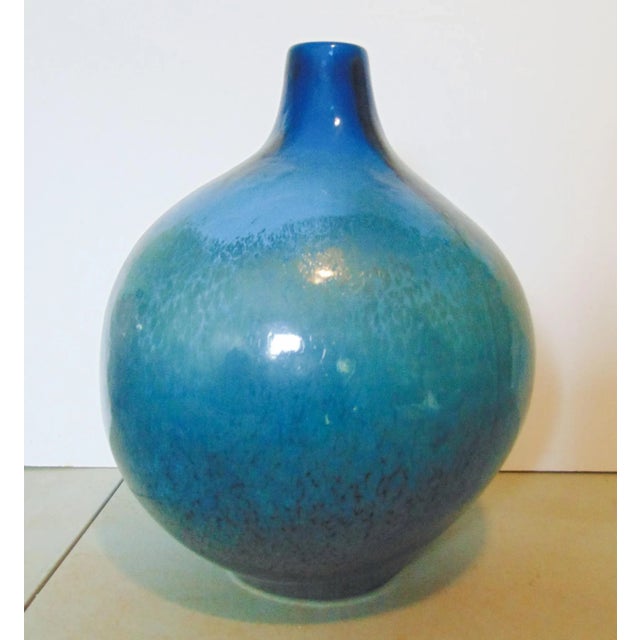 Mid century art glass vase, blue glass, bulbous form