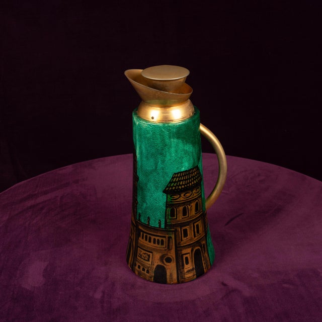 1960s Model 968D Thermos in Hand-Decorated Green Goatskin Parchment by Aldo Tura, Italy, 1960s For Sale - Image 5 of 18