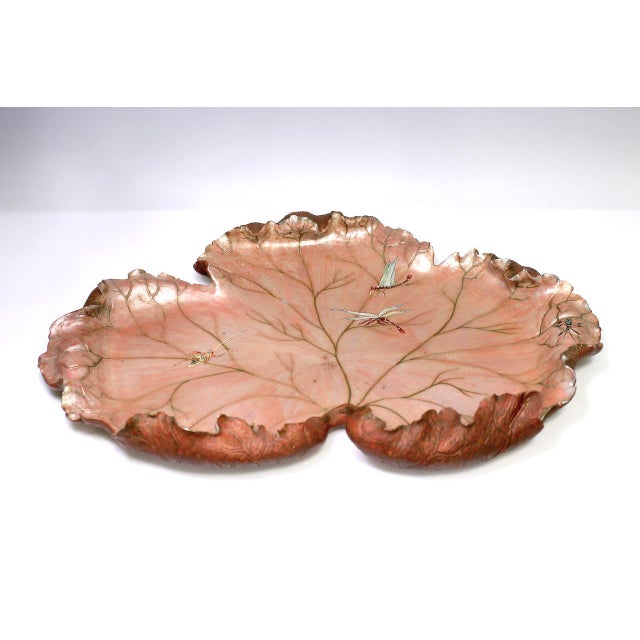 Traditional Large Italian 'Golden Age' Polychrome Leaf Form Center Piece, Tray With Dragonflies & Insects For Sale - Image 3 of 10