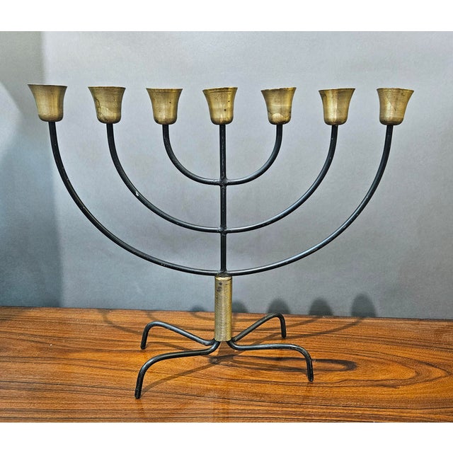 1960s Svend Aage Holm Sørensen Steel and Brass Menorah, Danish Mid-Century Modern, 1960s For Sale - Image 5 of 9