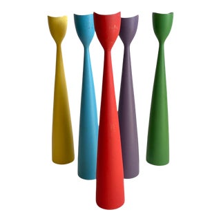Vintage Danish Modern Multicolored Painted Candle Holders- Set of 5 For Sale