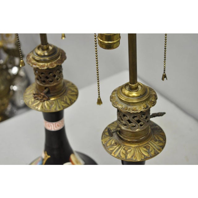 Antique French Neoclassical Bronze & Black Porcelain Painted Table Lamps - Pair For Sale - Image 15 of 15