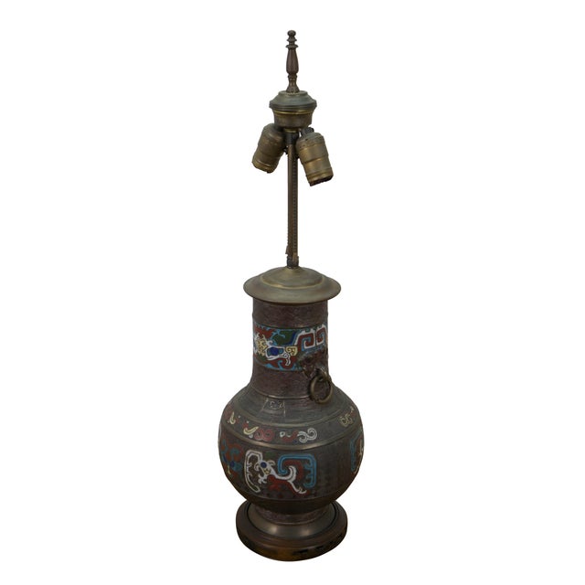 Antique Japanese enameled bronze mantel vase / urn, fitted with a two light pull chain. It features an urn with rings on...