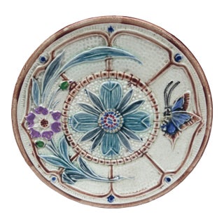 19th Century Majolica Flowers & Butterfly Plate Wasmuel For Sale