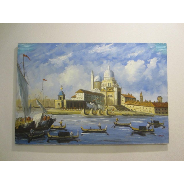 view of gondola ride in old Venice, merchants, oil on canvas is signed by Harris. Research indicates, Harris Name is on...