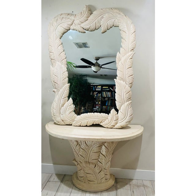 Serge Roche Style Wood Carved Palm Tree Front Console Table & Mirror For Sale - Image 12 of 12
