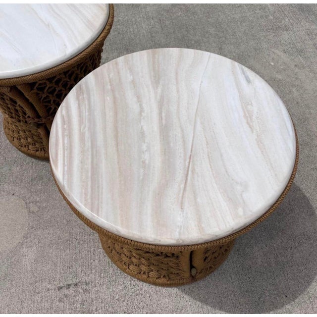 Marzio Cecchi Studio Most Rope Travertine Top Side Tables or Nightstands, a Pair