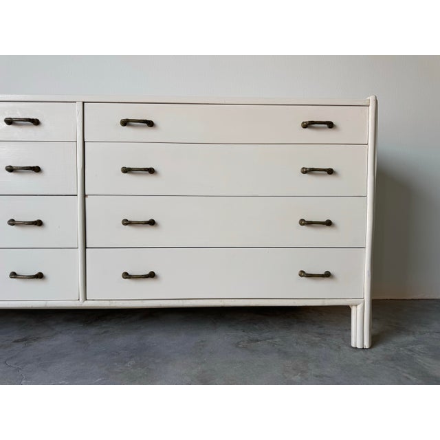 1970s 1970s Vintage John McGuire Eight Drawers Wood and Rattan White Painted Dresser With Solid Brass Pulls For Sale - Image 5 of 12