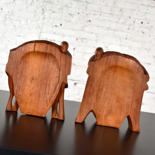 Brown Vintage Mid 20th Century Tribal Carved Wood Figural Bookends Heads Only For Sale - Image 8 of 13