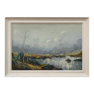 Charles Wyatt Warren, Oil Painting of River Bank with Silver Birch Trees and Misty Hills & Mountains, 1970 Circa For Sale