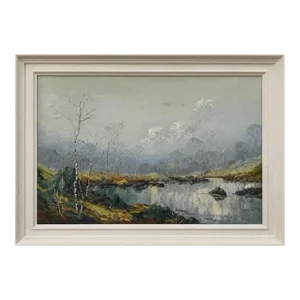 Charles Wyatt Warren, Oil Painting of River Bank with Silver Birch Trees and Misty Hills & Mountains, 1970 Circa