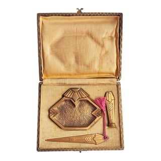 French Art Deco Bronze Desk Set Signed Leroy Boxed Letter Opener Seal Tray 1930s For Sale