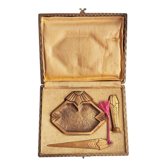 French Art Deco Bronze Desk Set Signed Leroy Boxed Letter Opener Seal Tray 1930s For Sale
