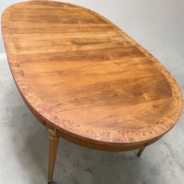 Wood Vintage American Furniture Burl Walnut Oval Expandable Dining Table With 3 Leaves & Original Table Pad For Sale - Image 7 of 13