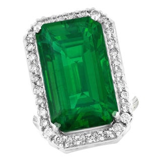 Natural 16 Carat Emerald Cut Zambian Emerald & Diamond Ring in 14kt White Gold For Sale