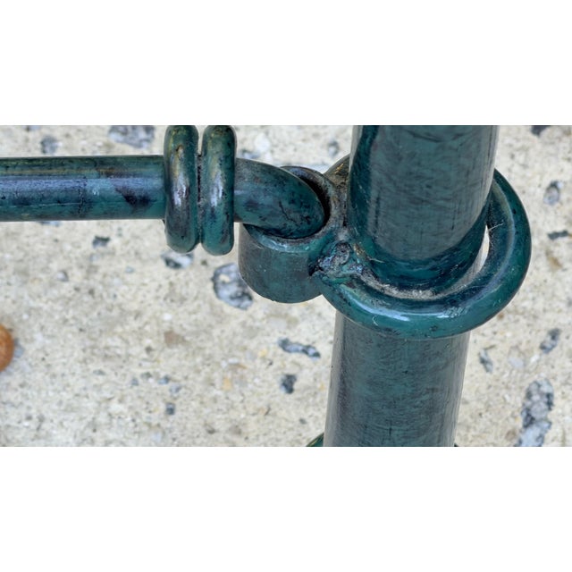 Pair of Giacometti Style Wrought Iron Verdigris Finish Glass Top Side Table For Sale - Image 10 of 12