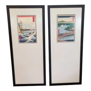 Japanese Wood Block Prints by Hiroshige, Utagawa Framed the Sea at Satta & Senju Great Bridge, Set of 2 For Sale