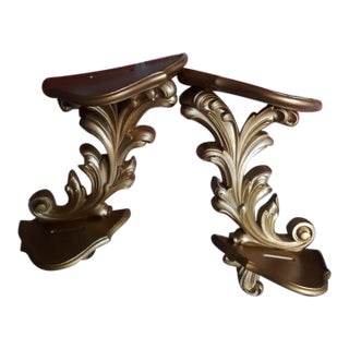 1976 Gold Syroco 2-Tier Scroll Style Wall Shelves - A Pair For Sale