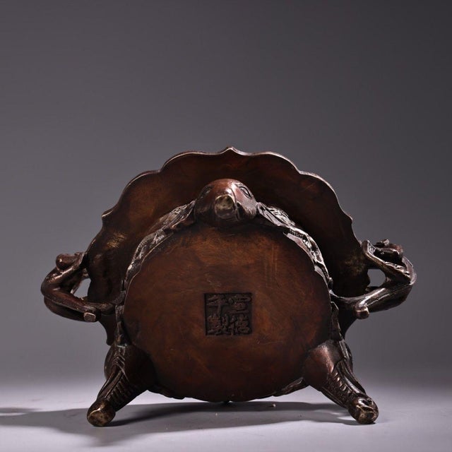 Metal Copper & Silver Dragon Incense Burner, Coiled-Dragon Censer With Elephant Feet For Sale - Image 7 of 10
