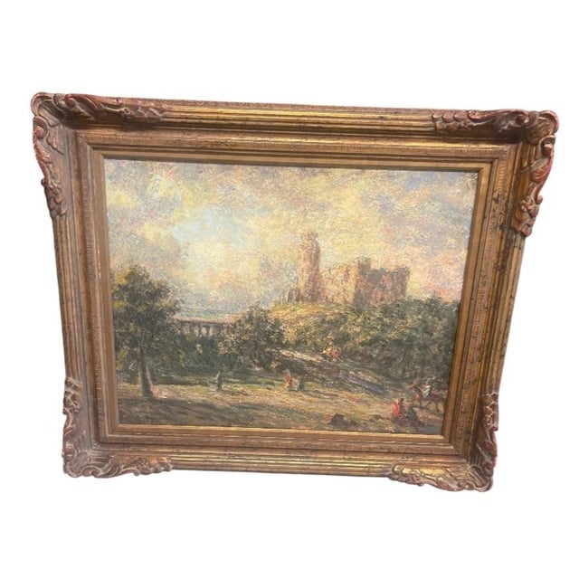 This captivating antique oil painting presents a sweeping pastoral landscape infused with romanticism and classical...