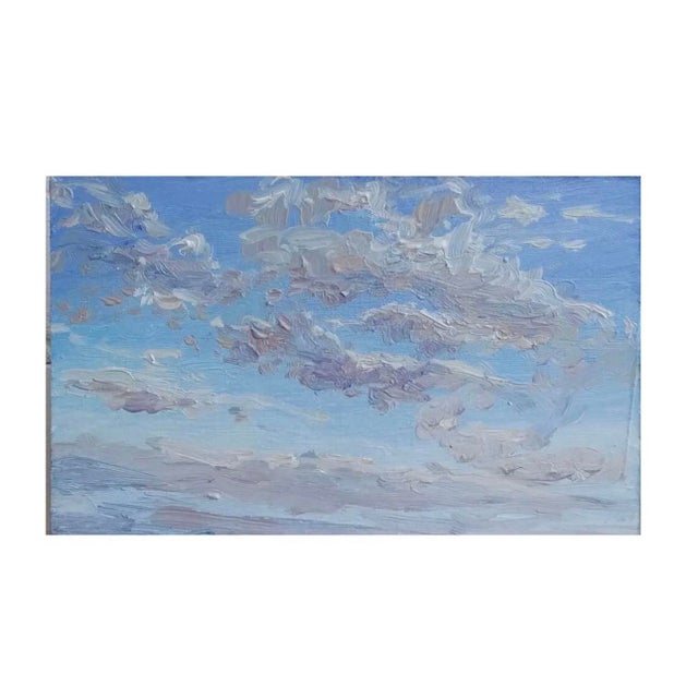 Beautiful sunny sky with fluffy clouds masterfully rendered in oil on gesso board and newly-framed. Wonderful texture and...