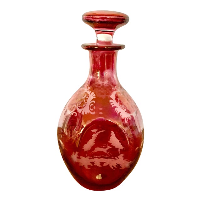 Vintage Etched Pink Glass Decanter For Sale